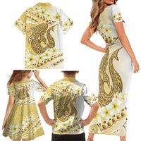 Gold Hawaii Shark Tattoo Family Matching Short Sleeve Bodycon Dress and Hawaiian Shirt Frangipani With Polynesian Pastel Version LT14 - Polynesian Pride