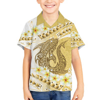 Gold Hawaii Shark Tattoo Family Matching Short Sleeve Bodycon Dress and Hawaiian Shirt Frangipani With Polynesian Pastel Version LT14 Son's Shirt Gold - Polynesian Pride
