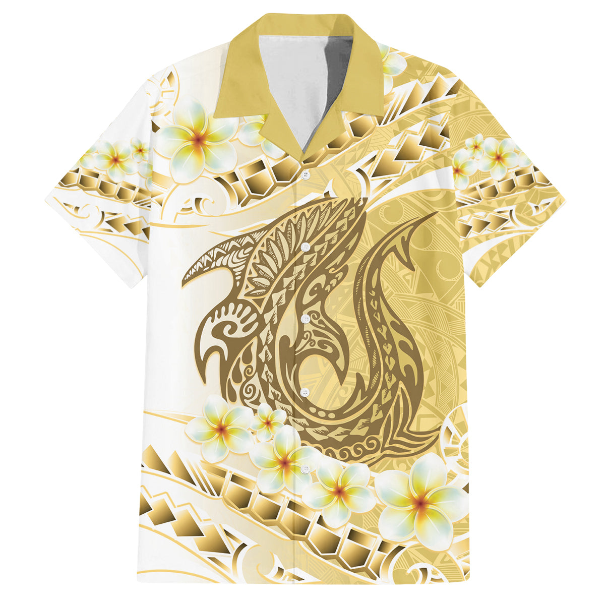 Gold Hawaii Shark Tattoo Family Matching Tank Maxi Dress and Hawaiian Shirt Frangipani With Polynesian Pastel Version