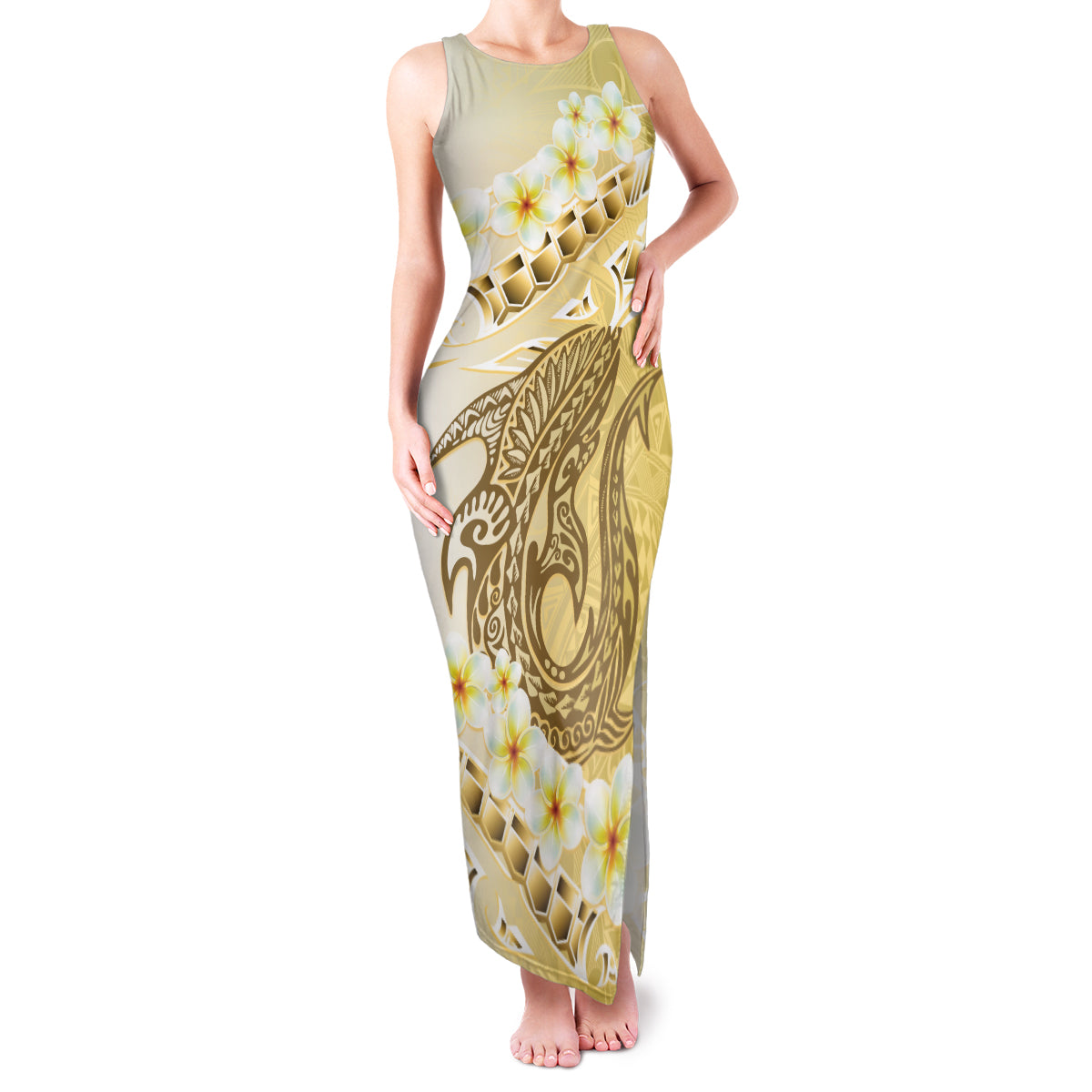 Gold Hawaii Shark Tattoo Family Matching Tank Maxi Dress and Hawaiian Shirt Frangipani With Polynesian Pastel Version