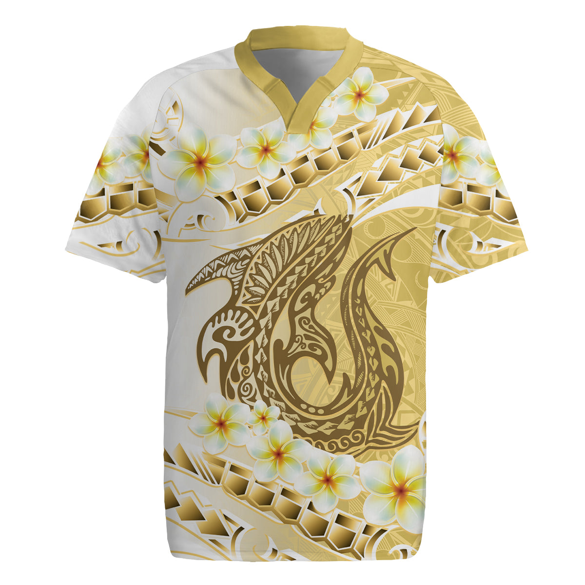 Gold Hawaii Shark Tattoo Rugby Jersey Frangipani With Polynesian Pastel Version