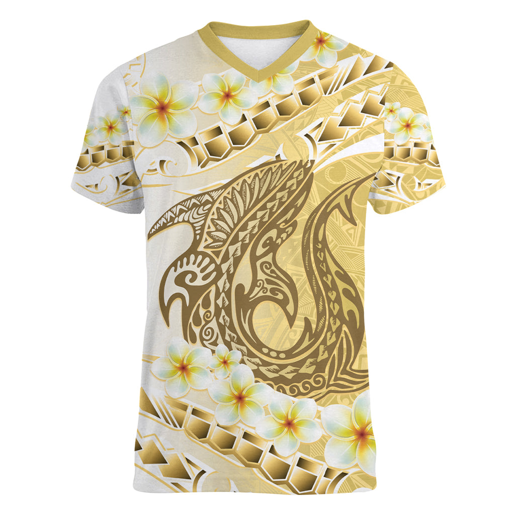 Gold Hawaii Shark Tattoo Women V-Neck T-Shirt Frangipani With Polynesian Pastel Version