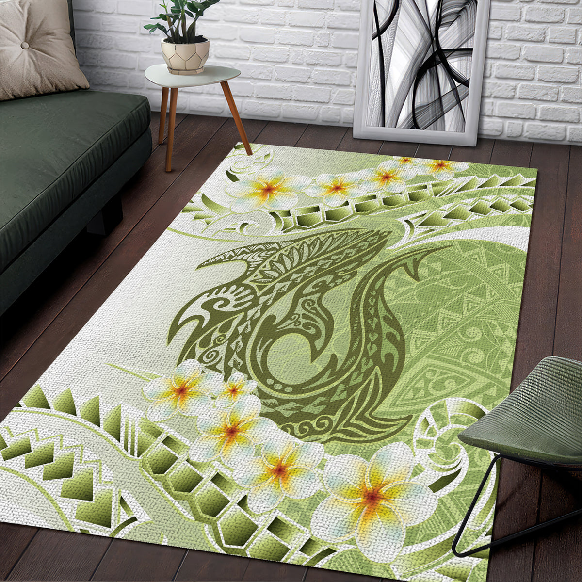 Green Hawaii Shark Tattoo Area Rug Frangipani With Polynesian Pastel Version