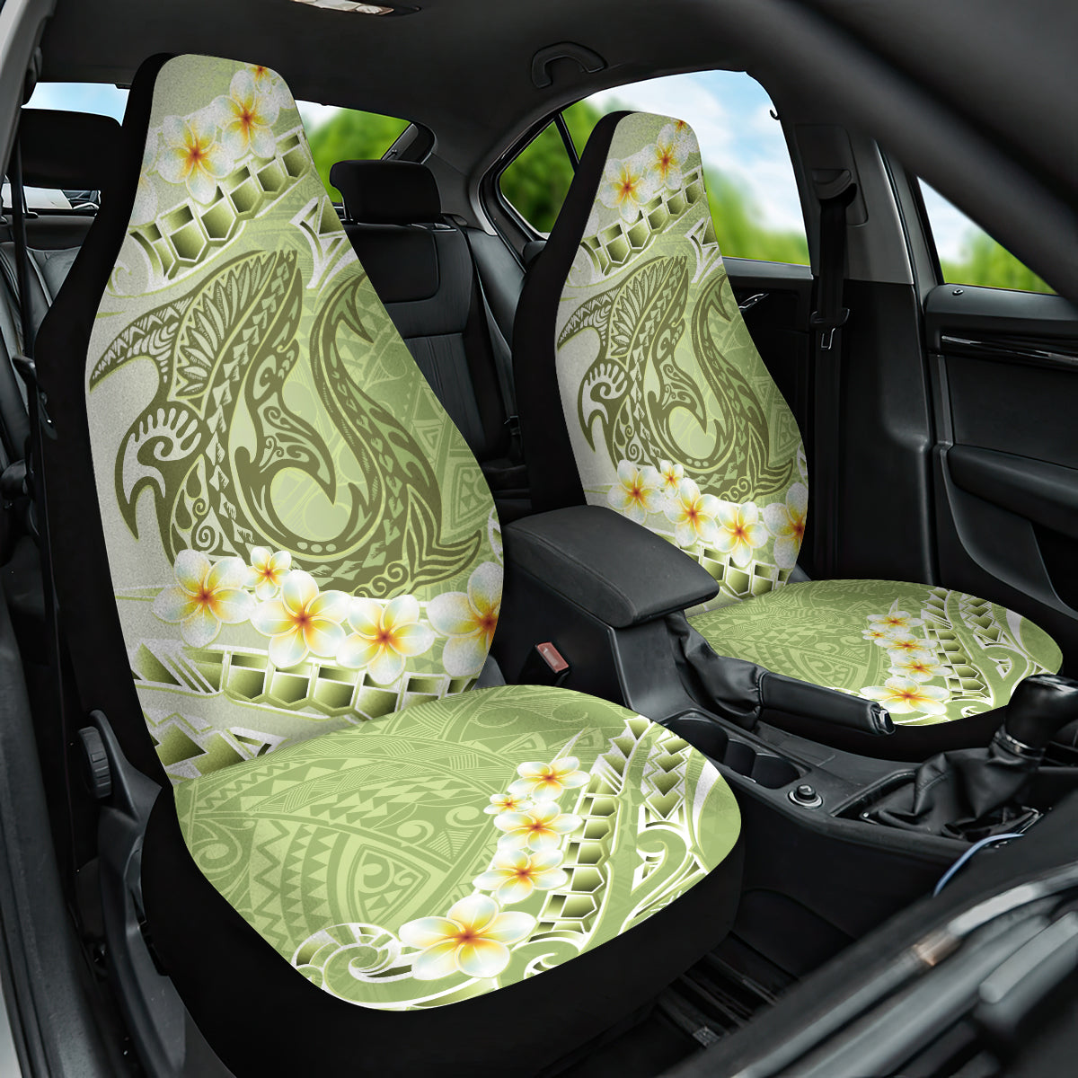 Green Hawaii Shark Tattoo Car Seat Cover Frangipani With Polynesian Pastel Version