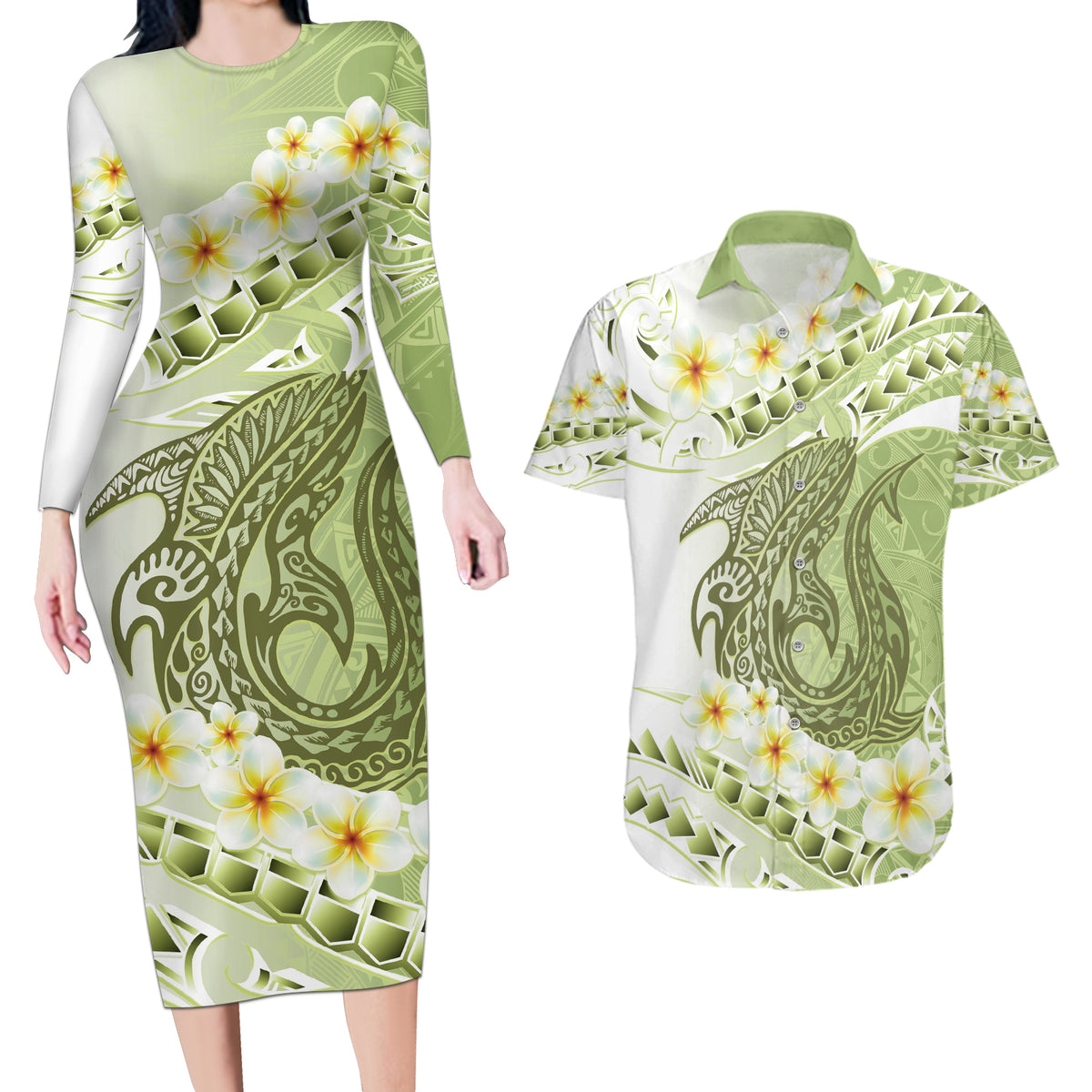 Green Hawaii Shark Tattoo Couples Matching Long Sleeve Bodycon Dress and Hawaiian Shirt Frangipani With Polynesian Pastel Version LT14 Green - Polynesian Pride