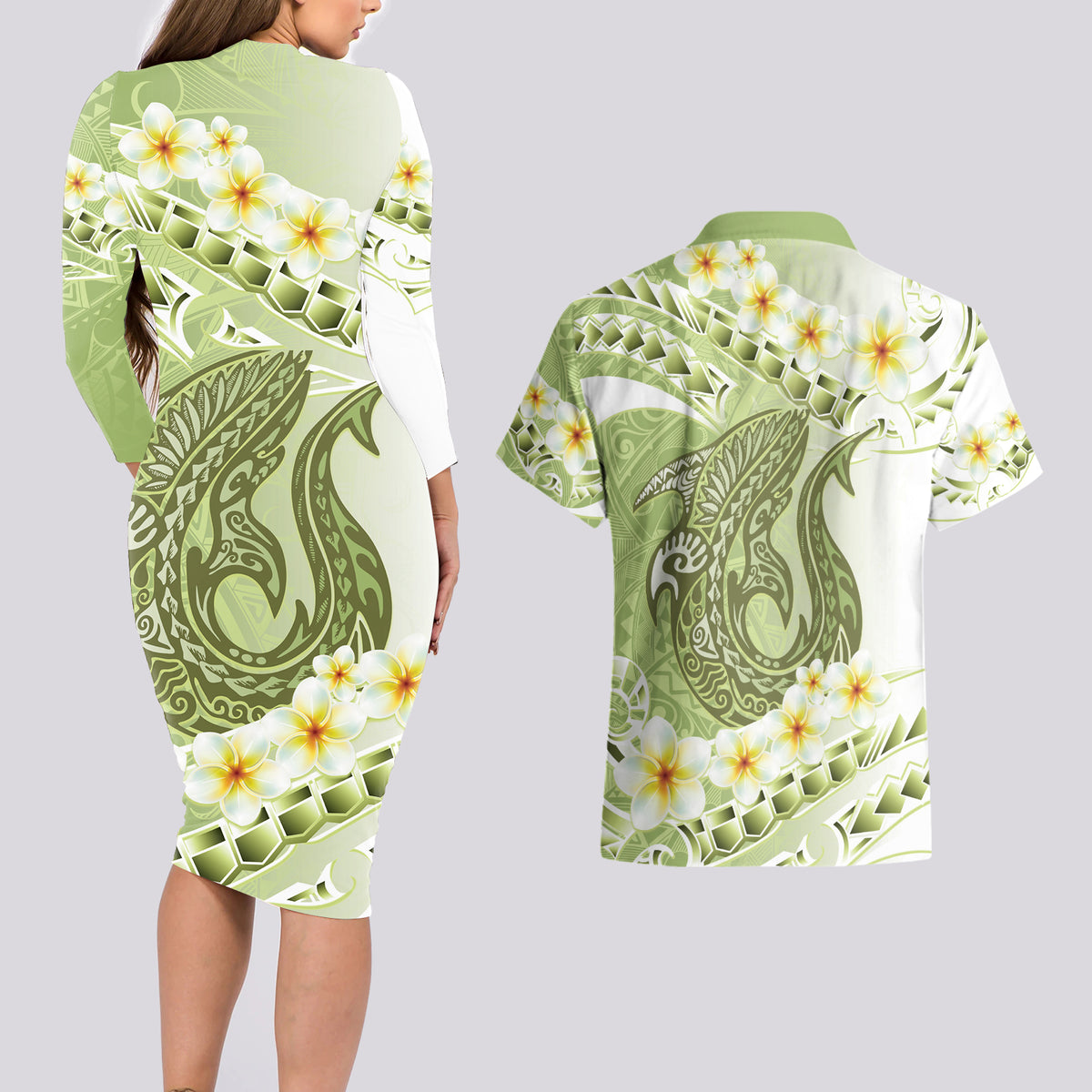 Green Hawaii Shark Tattoo Couples Matching Long Sleeve Bodycon Dress and Hawaiian Shirt Frangipani With Polynesian Pastel Version LT14 - Polynesian Pride