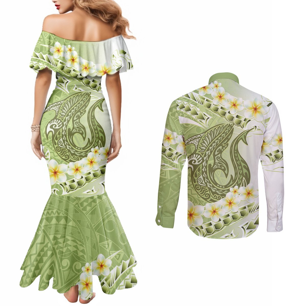 Green Hawaii Shark Tattoo Couples Matching Mermaid Dress and Long Sleeve Button Shirt Frangipani With Polynesian Pastel Version LT14 - Polynesian Pride