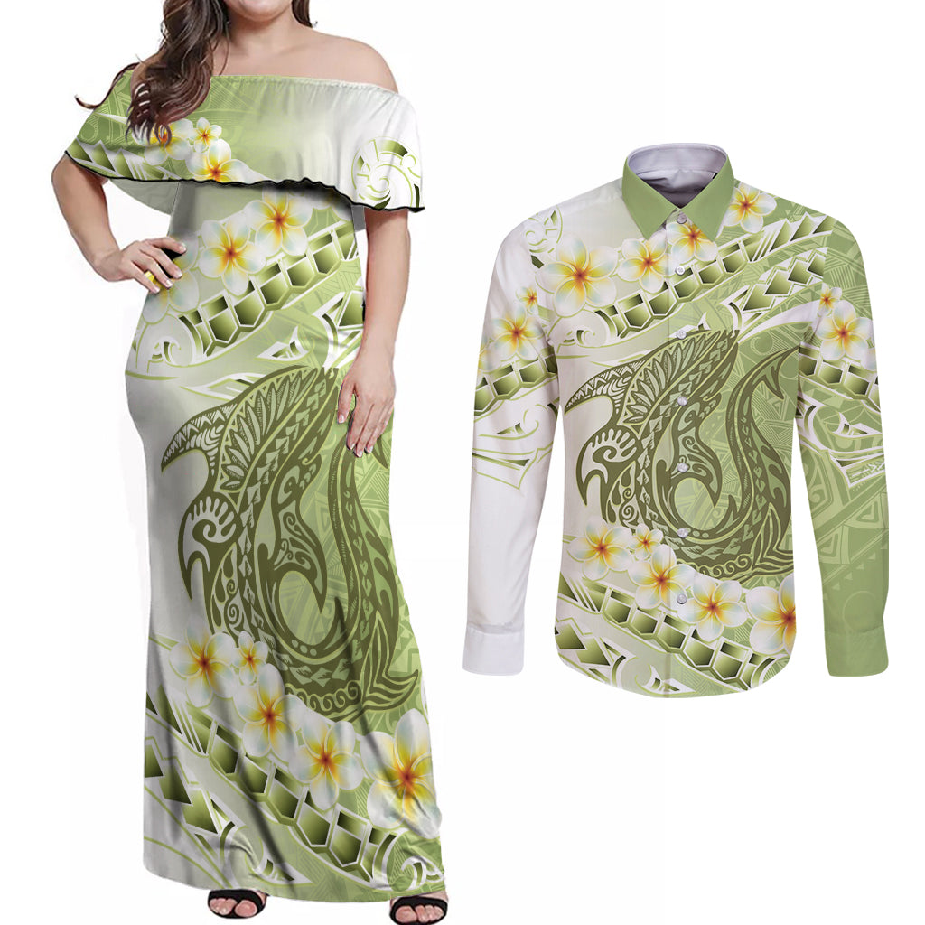 Green Hawaii Shark Tattoo Couples Matching Off Shoulder Maxi Dress and Long Sleeve Button Shirt Frangipani With Polynesian Pastel Version