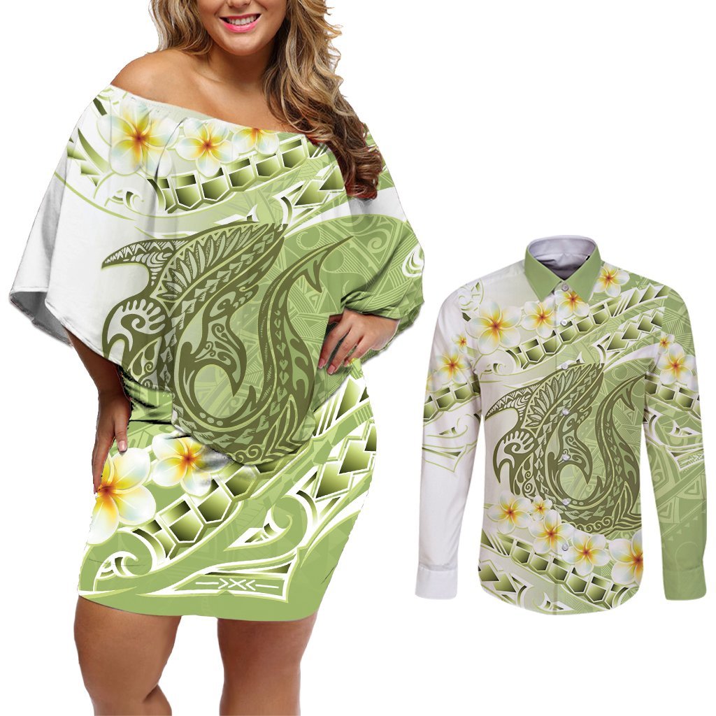 Green Hawaii Shark Tattoo Couples Matching Off Shoulder Short Dress and Long Sleeve Button Shirt Frangipani With Polynesian Pastel Version LT14 Green - Polynesian Pride