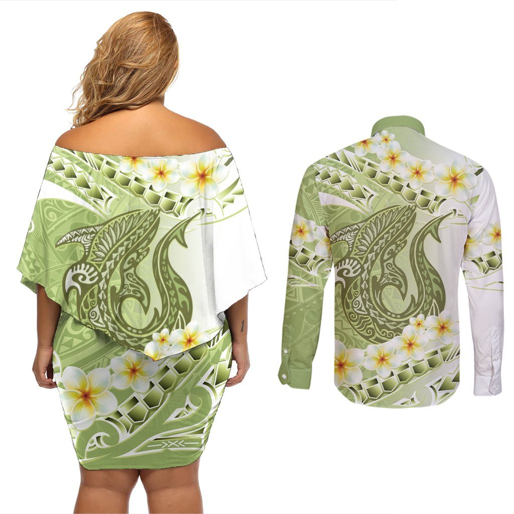 Green Hawaii Shark Tattoo Couples Matching Off Shoulder Short Dress and Long Sleeve Button Shirt Frangipani With Polynesian Pastel Version LT14 - Polynesian Pride