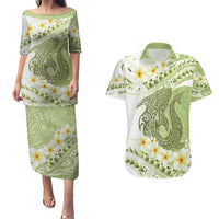 Green Hawaii Shark Tattoo Couples Matching Puletasi and Hawaiian Shirt Frangipani With Polynesian Pastel Version