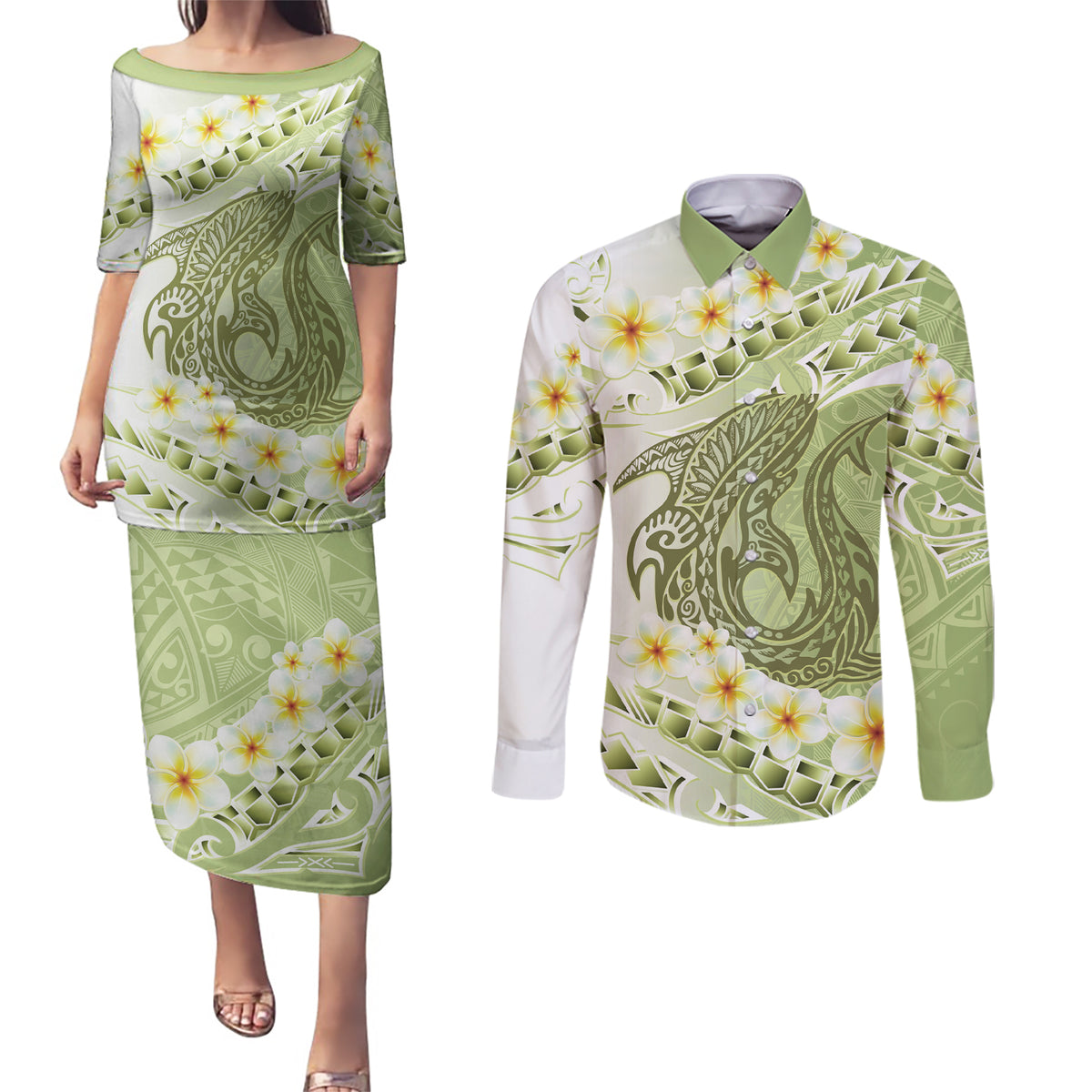 Green Hawaii Shark Tattoo Couples Matching Puletasi and Long Sleeve Button Shirt Frangipani With Polynesian Pastel Version