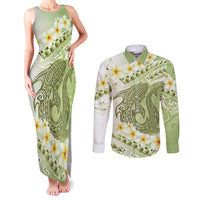 Green Hawaii Shark Tattoo Couples Matching Tank Maxi Dress and Long Sleeve Button Shirt Frangipani With Polynesian Pastel Version