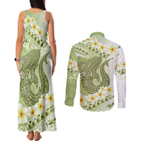 Green Hawaii Shark Tattoo Couples Matching Tank Maxi Dress and Long Sleeve Button Shirt Frangipani With Polynesian Pastel Version