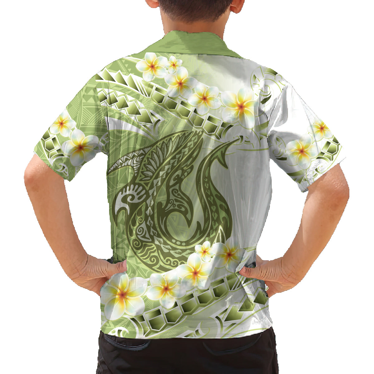 Green Hawaii Shark Tattoo Family Matching Long Sleeve Bodycon Dress and Hawaiian Shirt Frangipani With Polynesian Pastel Version LT14 - Polynesian Pride