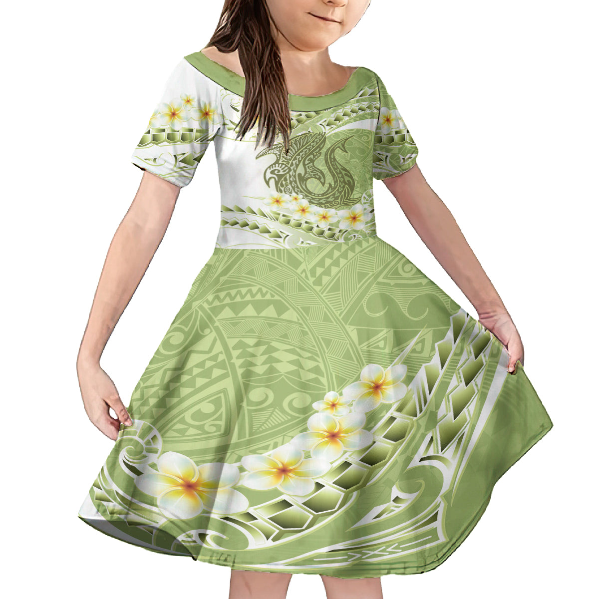 Green Hawaii Shark Tattoo Family Matching Long Sleeve Bodycon Dress and Hawaiian Shirt Frangipani With Polynesian Pastel Version LT14 Daughter's Dress Green - Polynesian Pride