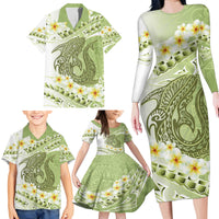 Green Hawaii Shark Tattoo Family Matching Long Sleeve Bodycon Dress and Hawaiian Shirt Frangipani With Polynesian Pastel Version LT14 - Polynesian Pride