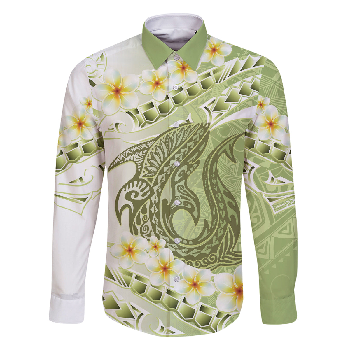Green Hawaii Shark Tattoo Family Matching Long Sleeve Bodycon Dress and Hawaiian Shirt Frangipani With Polynesian Pastel Version LT14 Dad's Shirt - Long Sleeve Green - Polynesian Pride