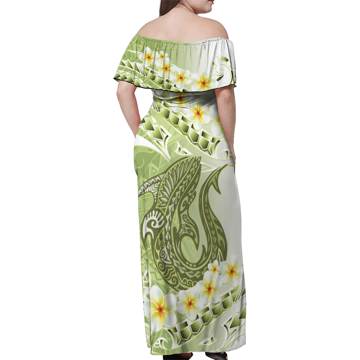 Green Hawaii Shark Tattoo Family Matching Off Shoulder Maxi Dress and Hawaiian Shirt Frangipani With Polynesian Pastel Version