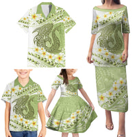 Green Hawaii Shark Tattoo Family Matching Puletasi and Hawaiian Shirt Frangipani With Polynesian Pastel Version LT14 - Polynesian Pride