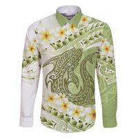 Green Hawaii Shark Tattoo Family Matching Puletasi and Hawaiian Shirt Frangipani With Polynesian Pastel Version LT14 Dad's Shirt - Long Sleeve Green - Polynesian Pride