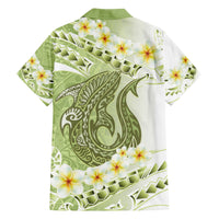 Green Hawaii Shark Tattoo Family Matching Short Sleeve Bodycon Dress and Hawaiian Shirt Frangipani With Polynesian Pastel Version LT14 - Polynesian Pride