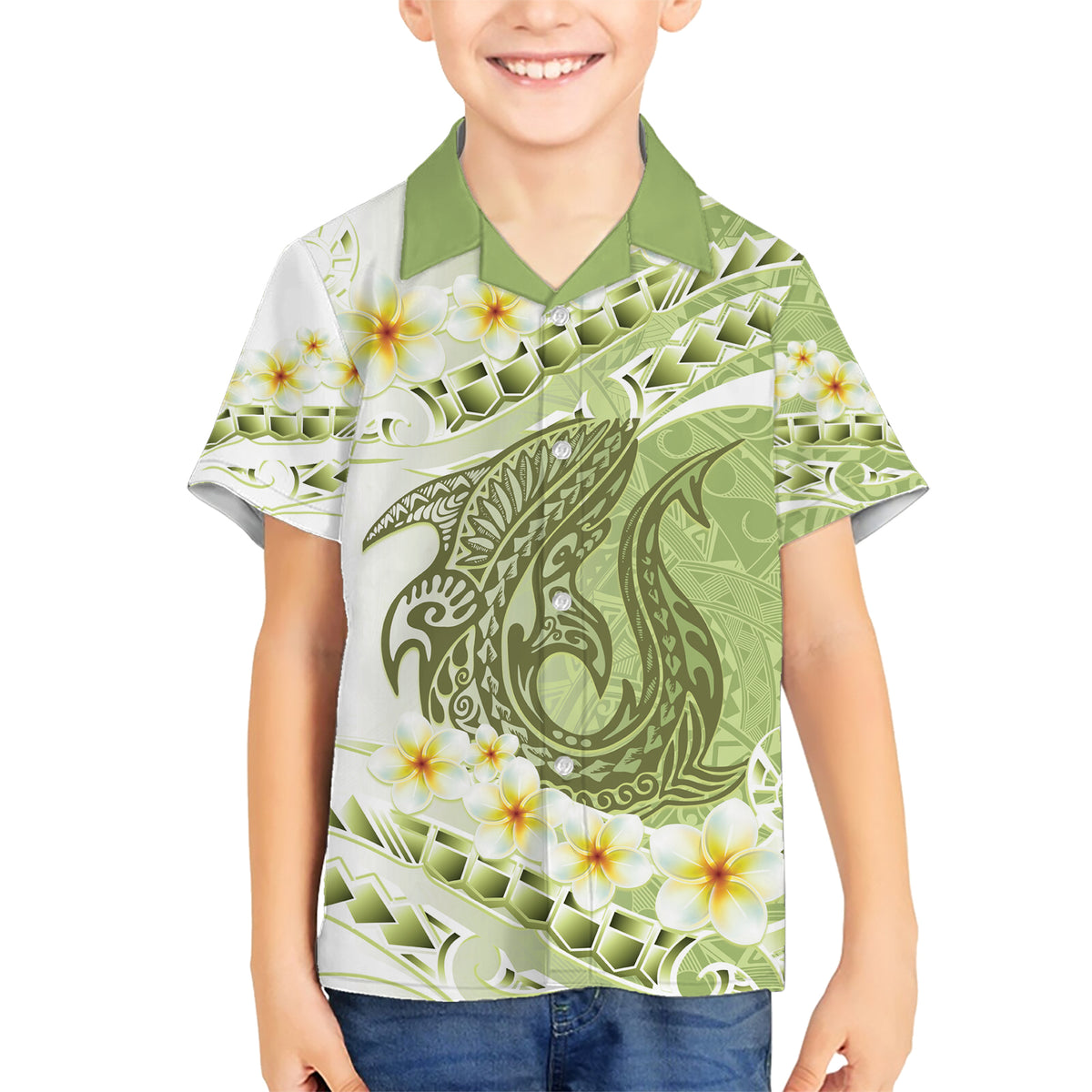 Green Hawaii Shark Tattoo Family Matching Short Sleeve Bodycon Dress and Hawaiian Shirt Frangipani With Polynesian Pastel Version LT14 Son's Shirt Green - Polynesian Pride