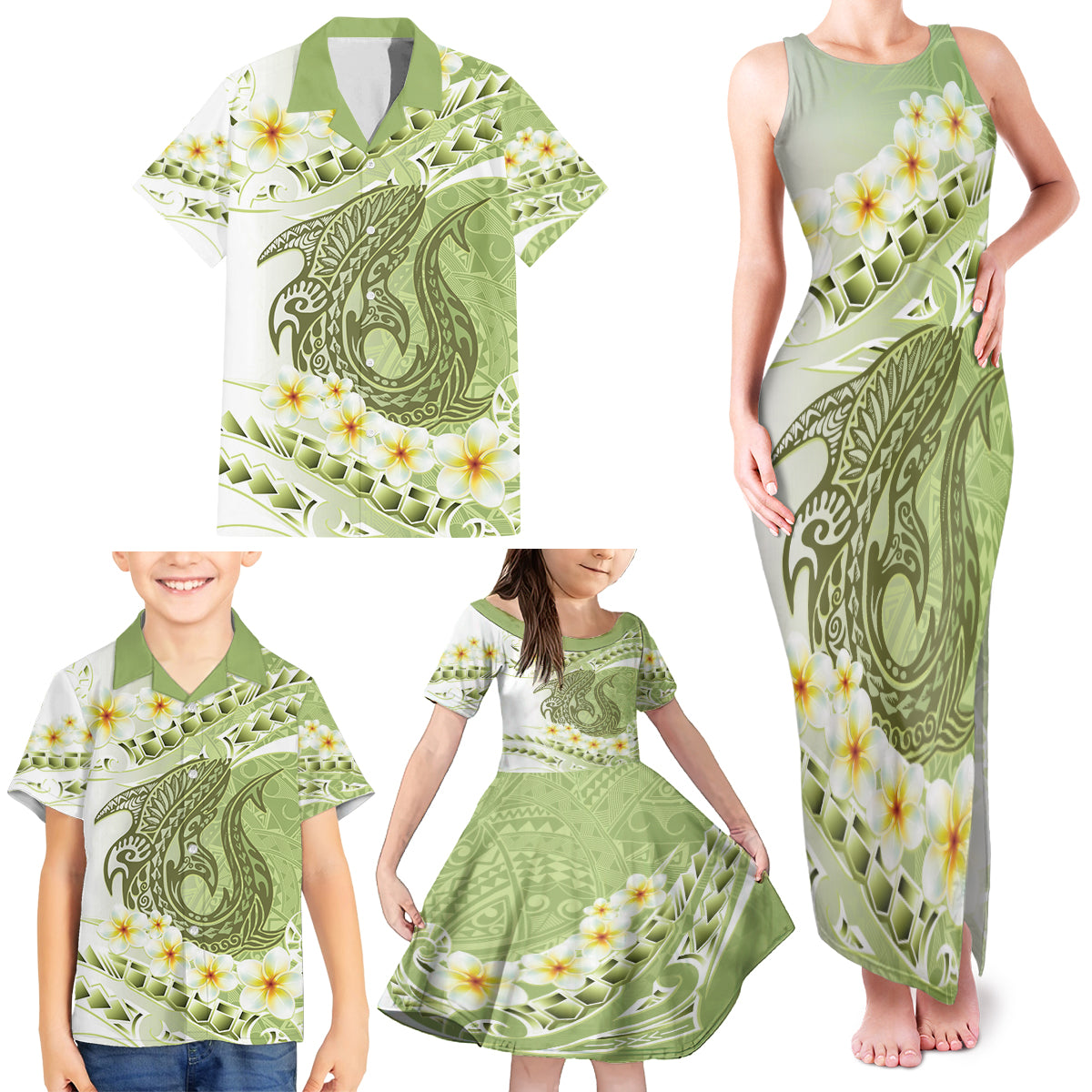 Green Hawaii Shark Tattoo Family Matching Tank Maxi Dress and Hawaiian Shirt Frangipani With Polynesian Pastel Version