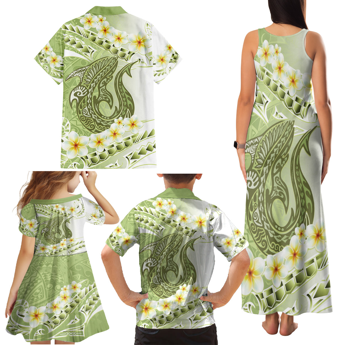 Green Hawaii Shark Tattoo Family Matching Tank Maxi Dress and Hawaiian Shirt Frangipani With Polynesian Pastel Version