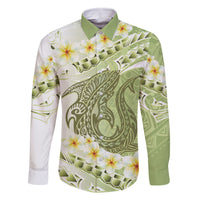 Green Hawaii Shark Tattoo Family Matching Tank Maxi Dress and Hawaiian Shirt Frangipani With Polynesian Pastel Version