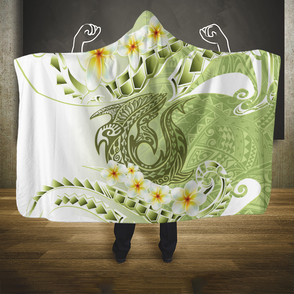 Green Hawaii Shark Tattoo Hooded Blanket Frangipani With Polynesian Pastel Version