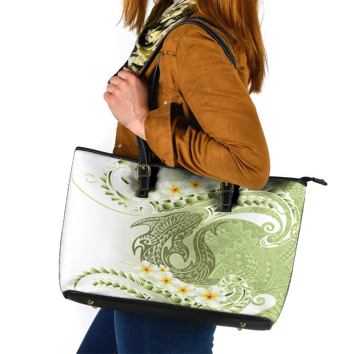 Green Hawaii Shark Tattoo Leather Tote Bag Frangipani With Polynesian Pastel Version