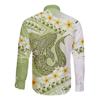 Green Hawaii Shark Tattoo Long Sleeve Button Shirt Frangipani With Polynesian Pastel Version