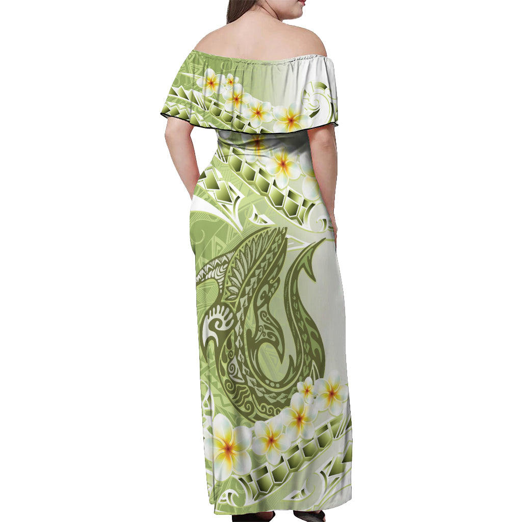 Green Hawaii Shark Tattoo Off Shoulder Maxi Dress Frangipani With Polynesian Pastel Version