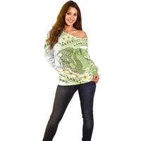 Green Hawaii Shark Tattoo Off Shoulder Sweater Frangipani With Polynesian Pastel Version