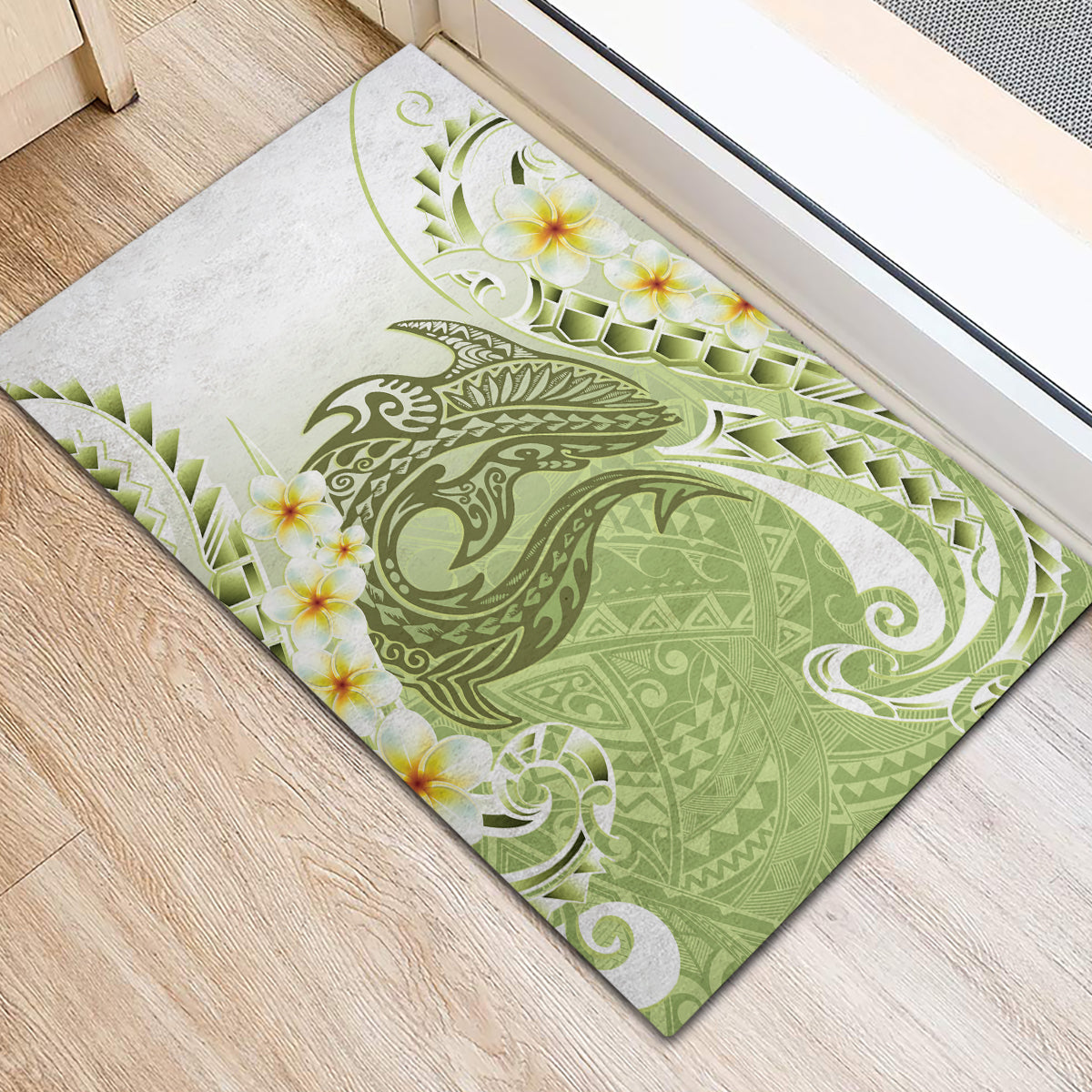 Green Hawaii Shark Tattoo Rubber Doormat Frangipani With Polynesian Pastel Version