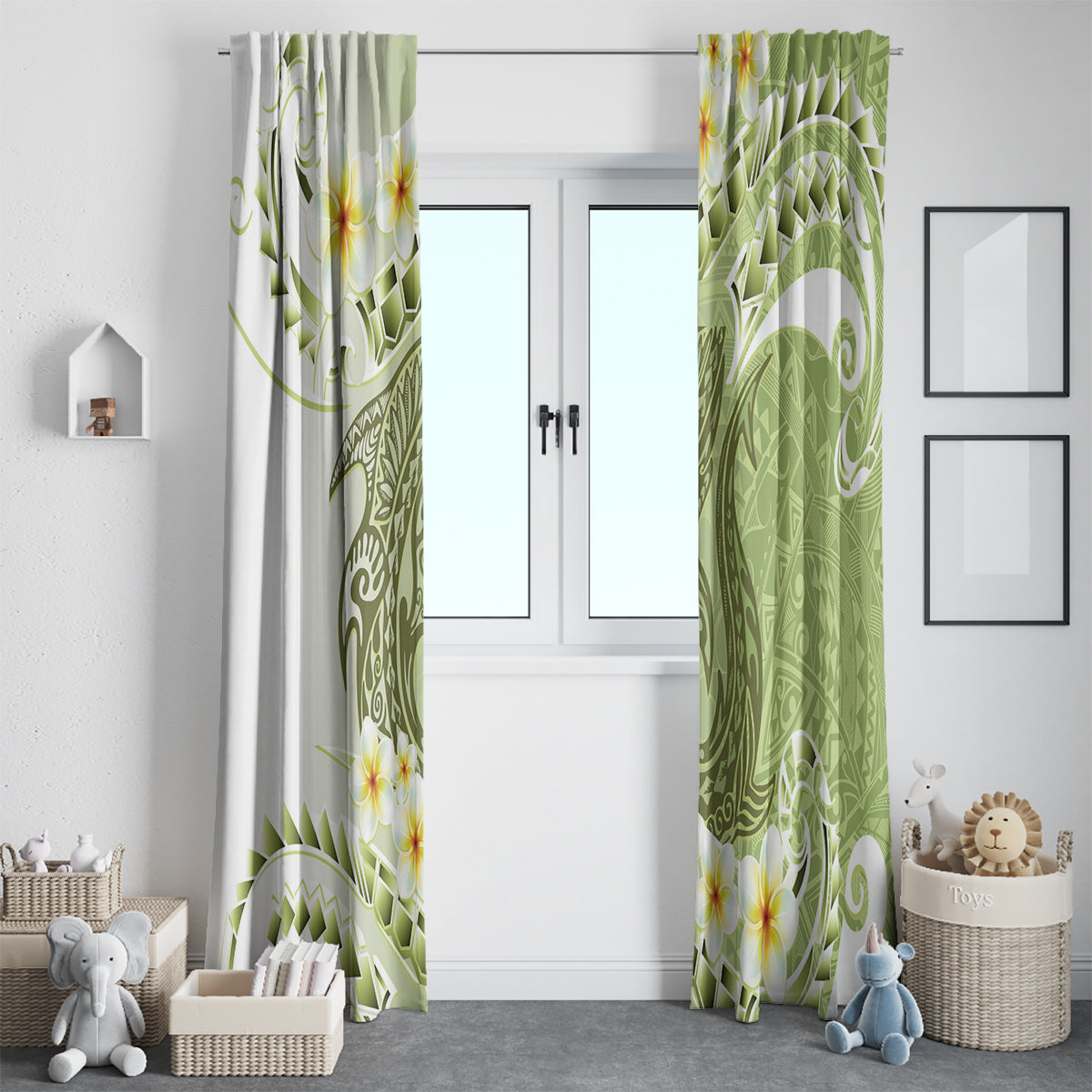Green Hawaii Shark Tattoo Window Curtain Frangipani With Polynesian Pastel Version