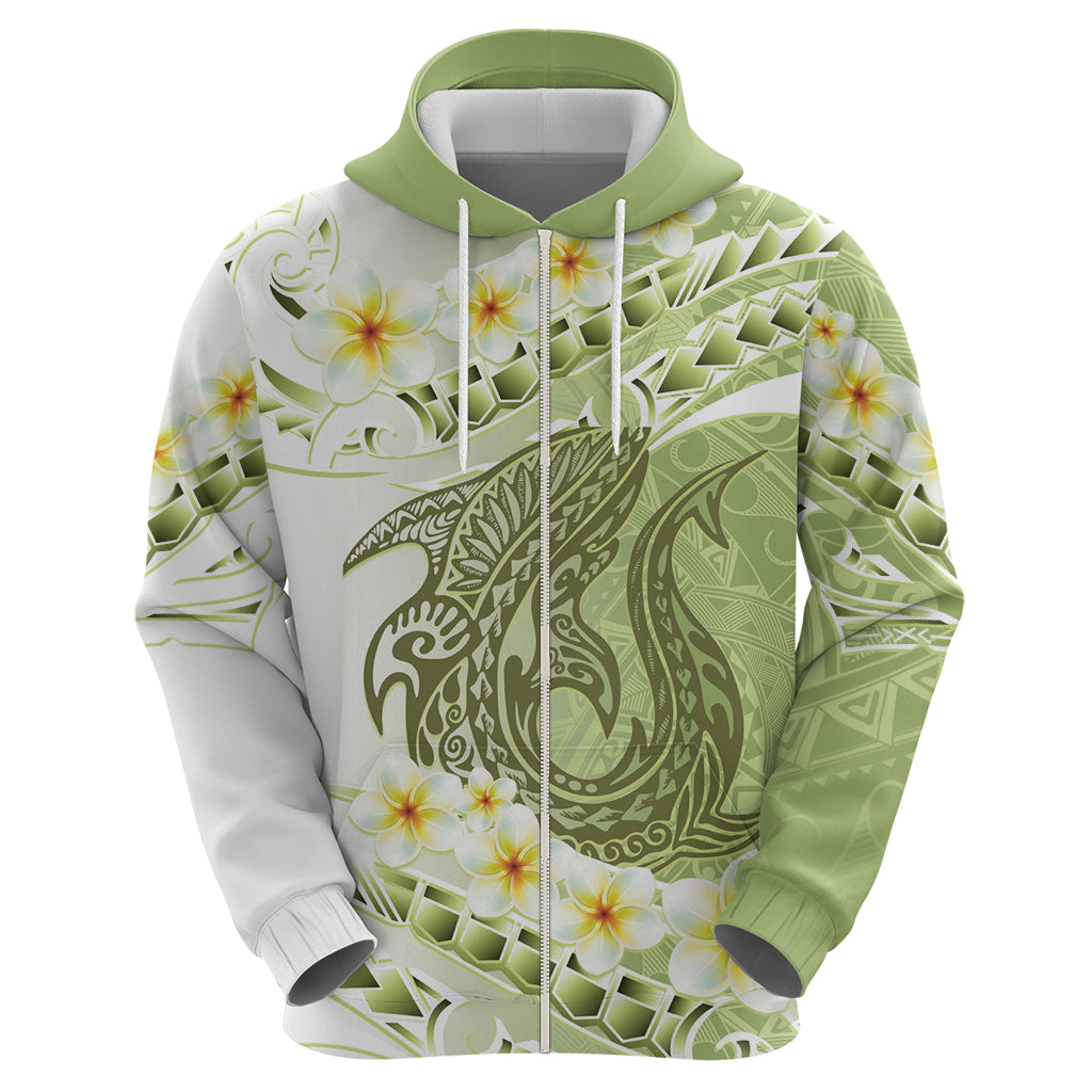 Green Hawaii Shark Tattoo Zip Hoodie Frangipani With Polynesian Pastel Version