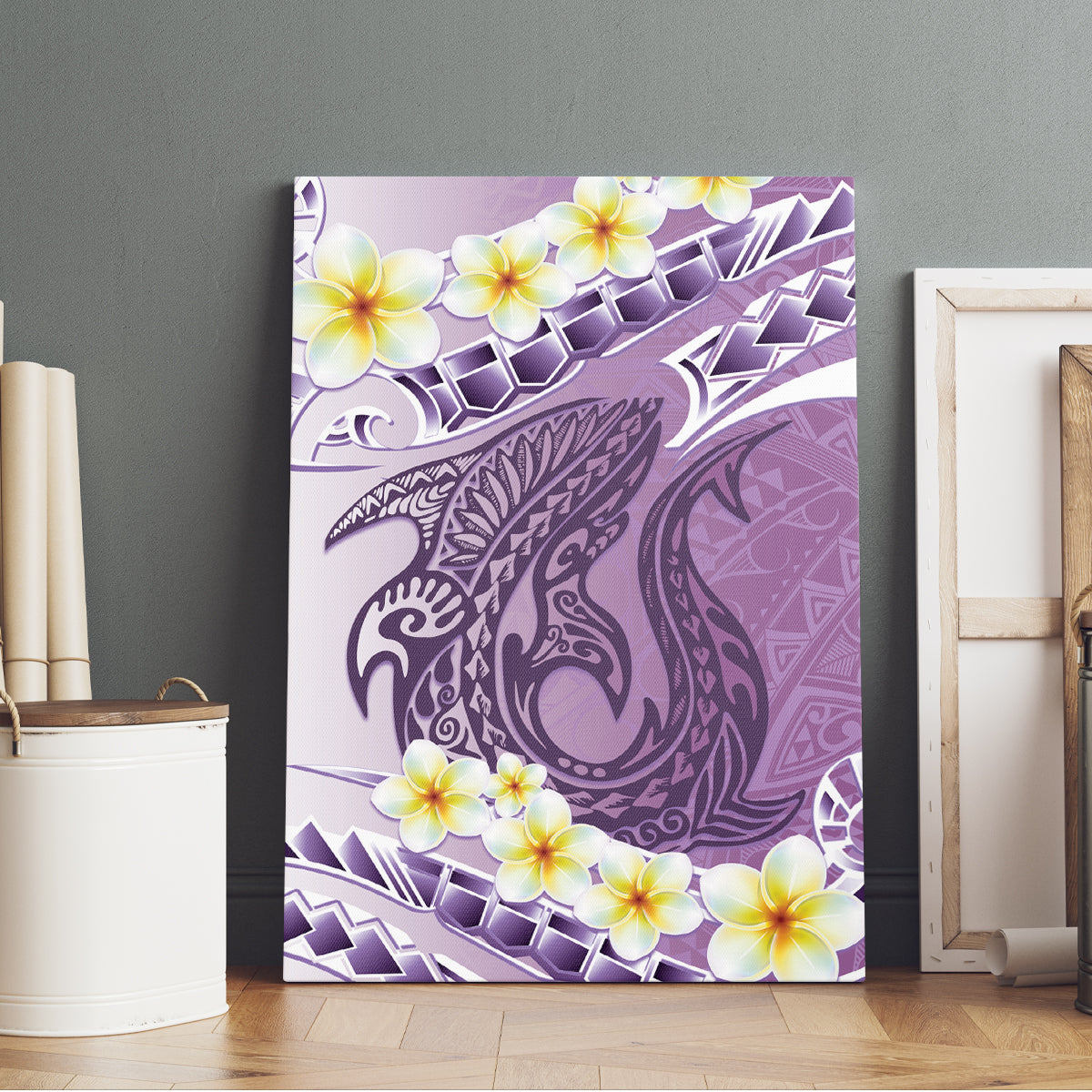 Purple Hawaii Shark Tattoo Canvas Wall Art Frangipani With Polynesian Pastel Version
