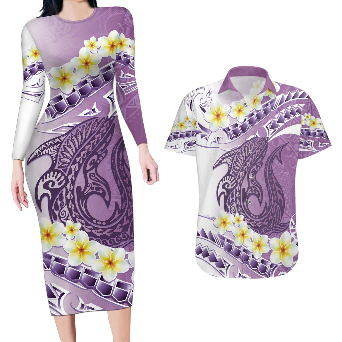 Purple Hawaii Shark Tattoo Couples Matching Long Sleeve Bodycon Dress and Hawaiian Shirt Frangipani With Polynesian Pastel Version LT14 Purple - Polynesian Pride