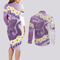Purple Hawaii Shark Tattoo Couples Matching Long Sleeve Bodycon Dress and Long Sleeve Button Shirt Frangipani With Polynesian Pastel Version