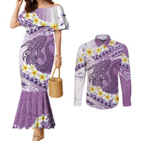 Purple Hawaii Shark Tattoo Couples Matching Mermaid Dress and Long Sleeve Button Shirt Frangipani With Polynesian Pastel Version