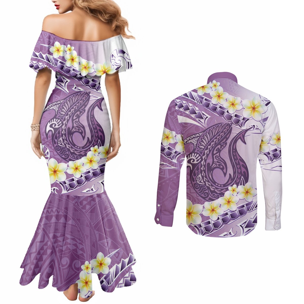 Purple Hawaii Shark Tattoo Couples Matching Mermaid Dress and Long Sleeve Button Shirt Frangipani With Polynesian Pastel Version