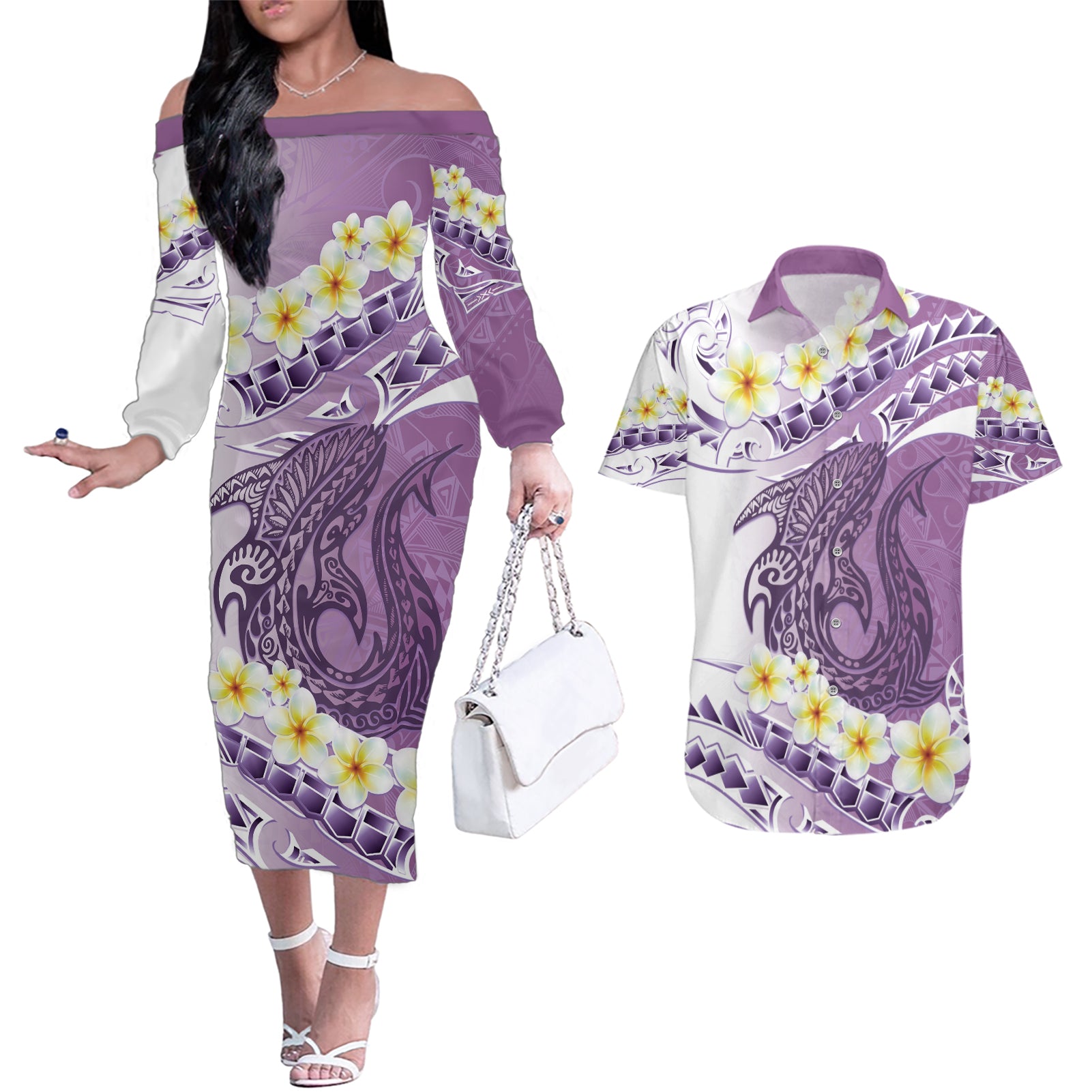 Purple Hawaii Shark Tattoo Couples Matching Off The Shoulder Long Sleeve Dress and Hawaiian Shirt Frangipani With Polynesian Pastel Version