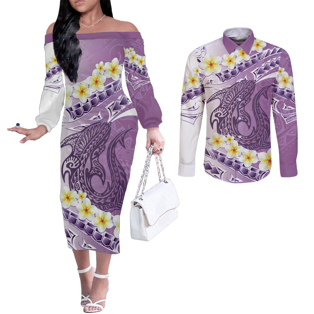 Purple Hawaii Shark Tattoo Couples Matching Off The Shoulder Long Sleeve Dress and Long Sleeve Button Shirt Frangipani With Polynesian Pastel Version