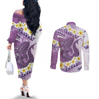 Purple Hawaii Shark Tattoo Couples Matching Off The Shoulder Long Sleeve Dress and Long Sleeve Button Shirt Frangipani With Polynesian Pastel Version