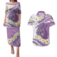 Purple Hawaii Shark Tattoo Couples Matching Puletasi and Hawaiian Shirt Frangipani With Polynesian Pastel Version LT14 Purple - Polynesian Pride
