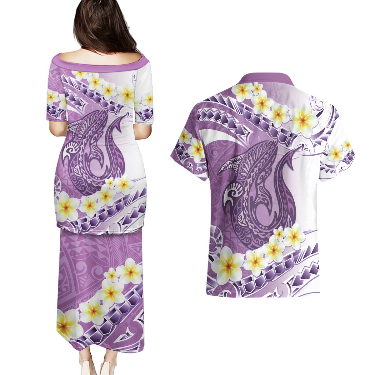 Purple Hawaii Shark Tattoo Couples Matching Puletasi and Hawaiian Shirt Frangipani With Polynesian Pastel Version LT14 - Polynesian Pride
