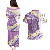 Purple Hawaii Shark Tattoo Couples Matching Puletasi and Hawaiian Shirt Frangipani With Polynesian Pastel Version LT14 - Polynesian Pride
