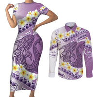 Purple Hawaii Shark Tattoo Couples Matching Short Sleeve Bodycon Dress and Long Sleeve Button Shirt Frangipani With Polynesian Pastel Version